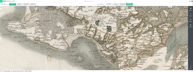 Remonter le temps depuis la carte de Cassini à nos jours sur la presqu'ile de guerande pour voir pornichet le pouliguen la baule avant apres