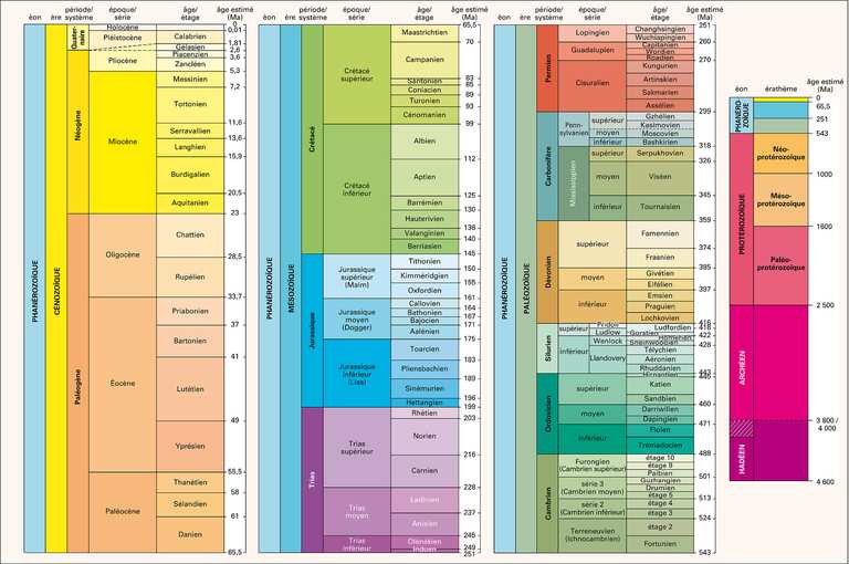 Echelle stratigraphique des temps géologiques : Le Paléozoïque (ère primaire), Le Mésozoïque (ère secondaire) et le Cénozoïque (ère tertiaire et Quaternaire)
